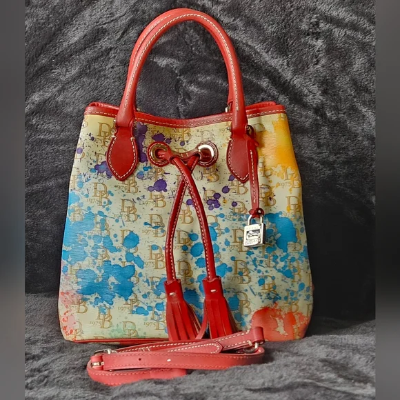 Dooney & Bourke Multicolor Splat Print Drawstring Tote with Red Trim - Picture 1 of 9